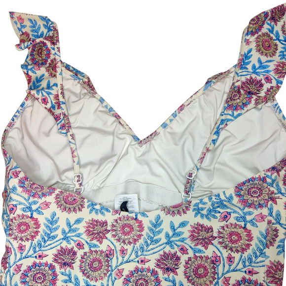 J. Crew Ruffle V Neck One Piece Swimsuit Floral Vine Block Print Sz 12 Pink Blue - Picture 7 of 14